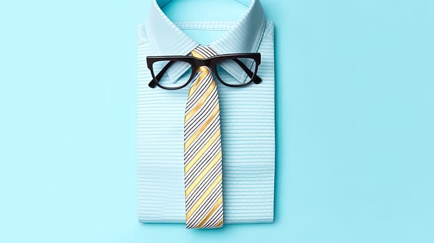 Celebrate Fathers Day in style with a gift box, necktie, and glasses elegantly arranged on a pastel blue background. A tasteful flat lay capturing the essence of appreciation.