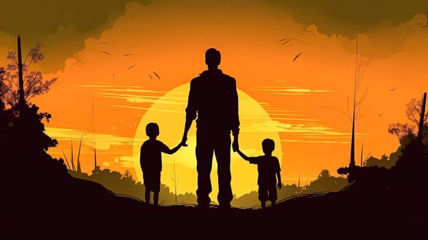 Capture the beauty of family love with an illustration of a father, children, and wife against a sunset backdrop. A heartwarming Fathers Day concept filled with warmth and togetherness.