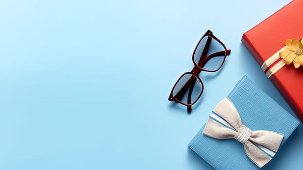 Celebrate Fathers Day in style with a gift box, necktie, and glasses elegantly arranged on a pastel blue background. A tasteful flat lay capturing the essence of appreciation.
