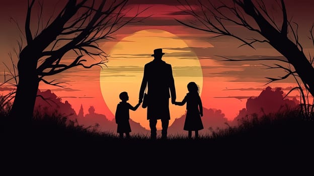 Capture the beauty of family love with an illustration of a father, children, and wife against a sunset backdrop. A heartwarming Fathers Day concept filled with warmth and togetherness.