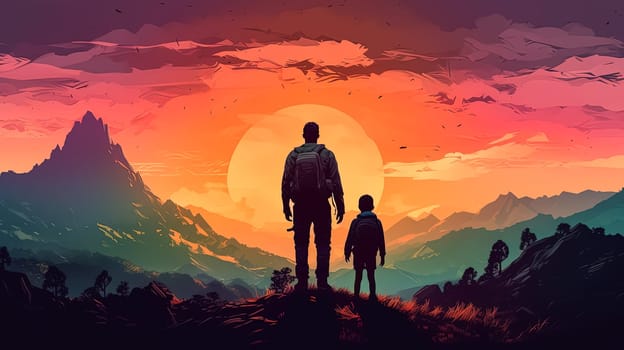 Embark on a heartwarming journey with an illustration of a father holding his childs hand against a mountainous backdrop. A touching Fathers Day concept full of love and adventure.