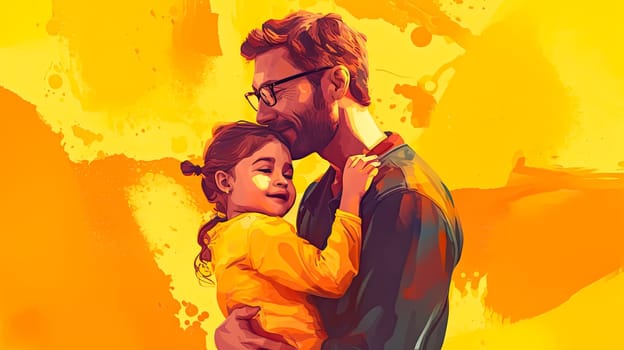 Celebrate Fathers Day with a heartwarming illustration of a little daughter joyfully hugging her father against a cheerful yellow background. A concept full of love and joy.