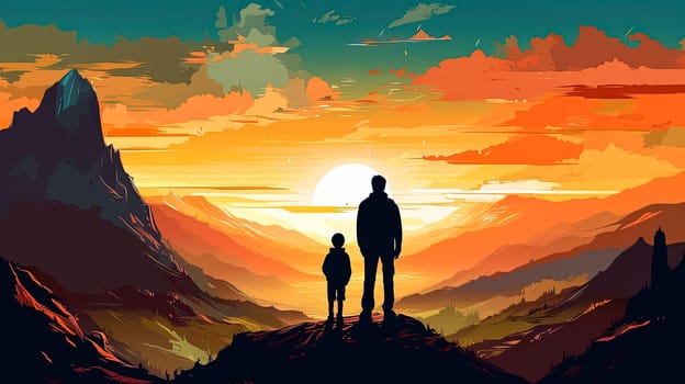 Embark on a heartwarming journey with an illustration of a father holding his childs hand against a mountainous backdrop. A touching Fathers Day concept full of love and adventure.