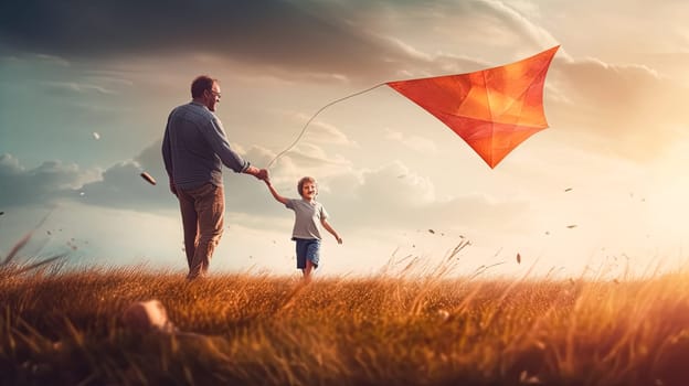 Experience the joy of fatherhood with an endearing scene as a little son and father bond over flying a kite, embodying the spirit of Fathers Day celebration.