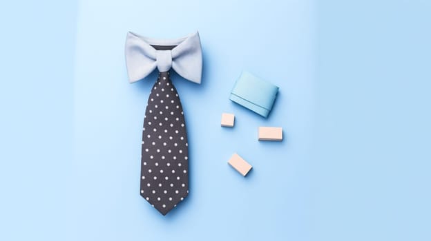 Celebrate Fathers Day in style with a gift box, necktie, and glasses elegantly arranged on a pastel blue background. A tasteful flat lay capturing the essence of appreciation.