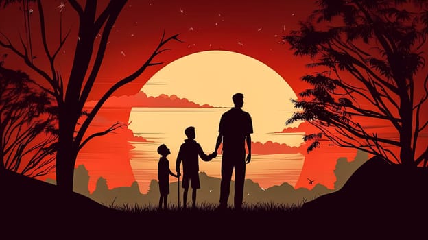 Capture the beauty of family love with an illustration of a father, children, and wife against a sunset backdrop. A heartwarming Fathers Day concept filled with warmth and togetherness.