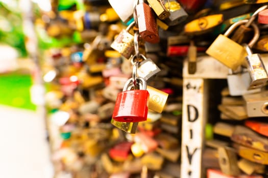 Budapest, Hungary - June 30, 2023: Wedding locks at a city park