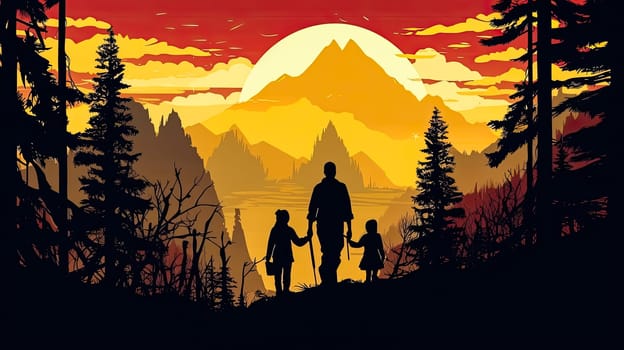 Embark on a heartwarming journey with an illustration of a father holding his childs hand against a mountainous backdrop. A touching Fathers Day concept full of love and adventure.