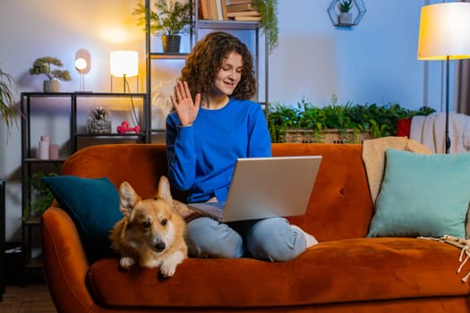 Happy woman opening laptop and working remotely waving hello online video call sitting beside corgi dog on sofa in living room. Beautiful female girl freelancer smiling and using netbook at home