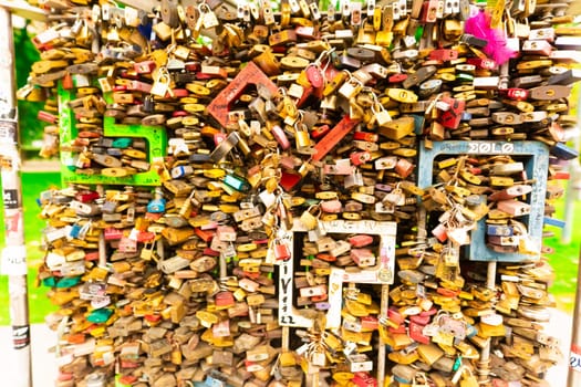 Budapest, Hungary - June 30, 2023: Wedding locks at a city park