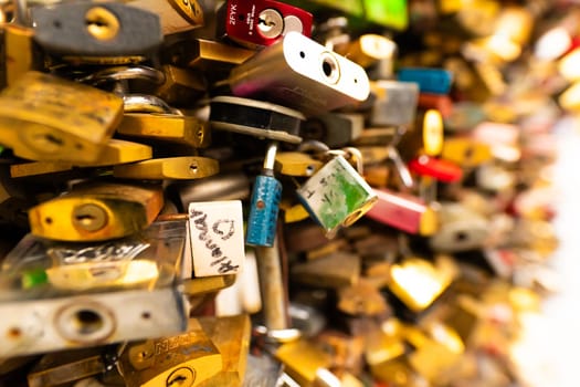 Budapest, Hungary - June 30, 2023: Wedding locks at a city park