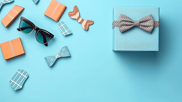 Celebrate Fathers Day in style with a gift box, necktie, and glasses elegantly arranged on a pastel blue background. A tasteful flat lay capturing the essence of appreciation.