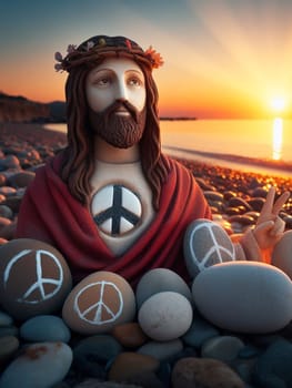 Sculpture of Jesus Christ made of pebbles at the beacj at sunset, asking for peace stop war concept ai generated