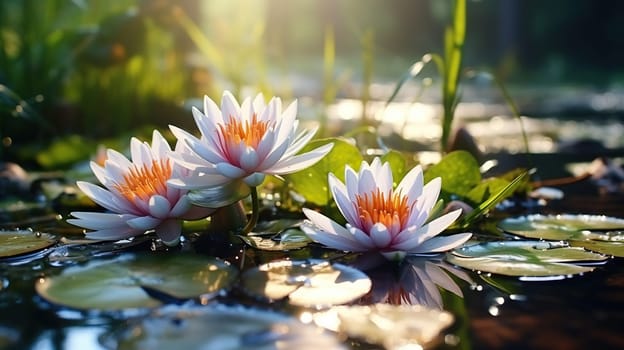 Beautiful flowers white lilies on the water. Water lilies in the swamp.