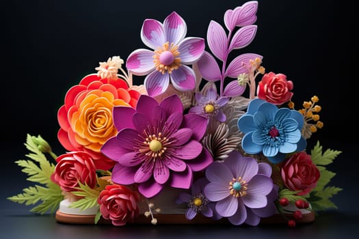 Flowers made of colored plasticine. Floral plasticine composition on a dark background.