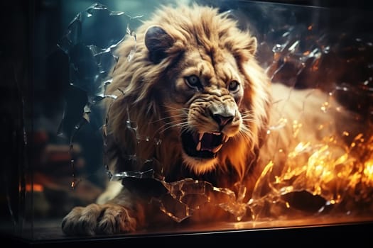 A lion grins at the cracked TV screen.