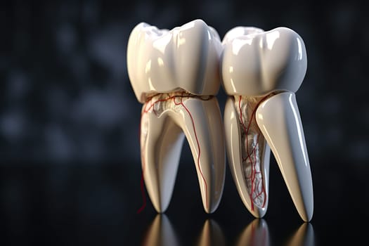 3D model of teeth. Model of a tooth with caries on a dark background.