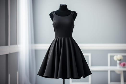 A beautiful black dress on a mannequin in a fashion salon. Shopping, vogue concept.