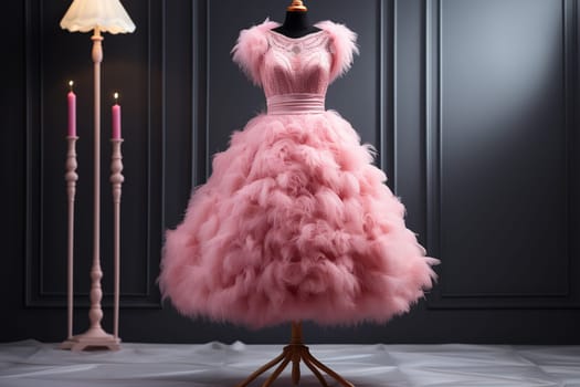 Elegant pink fluffy women's dress on a mannequin.