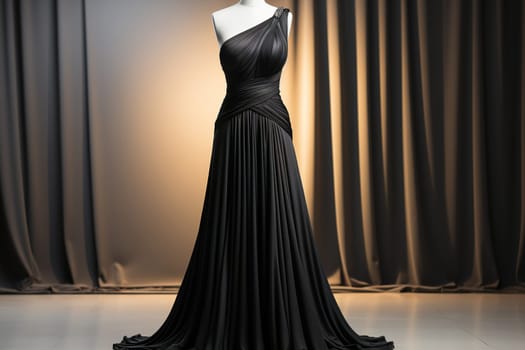 Elegant evening black long women's dress on a mannequin in a fashion studio.