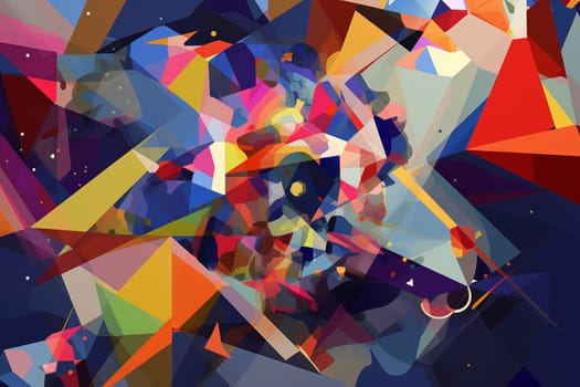 A digital art piece featuring an array of geometric shapes in vibrant colors scattered across a star-studded dark space, creating a sense of chaotic harmony.