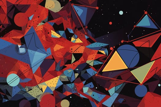 A digital art piece featuring an array of geometric shapes in vibrant colors scattered across a star-studded dark space, creating a sense of chaotic harmony.