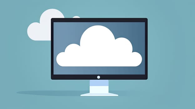 Flat Illustration of a computer monitor displaying clouds, symbolizing cloud technology - Generative AI