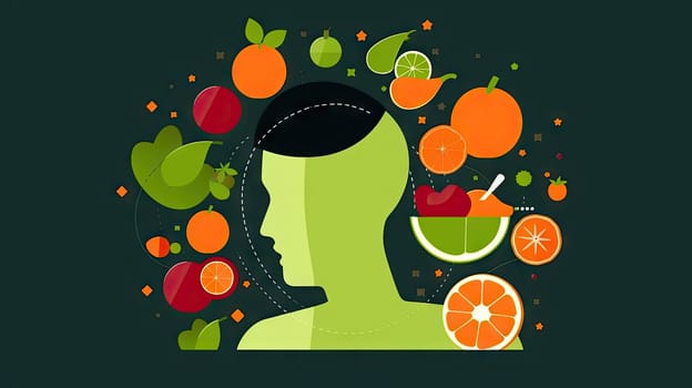 Silhouette head profile with vibrant fruits symbolizing mental wellness and healthy fooding - Generative AI