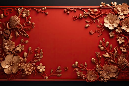 Red background with a frame of gilded flowers. Chinese traditions.