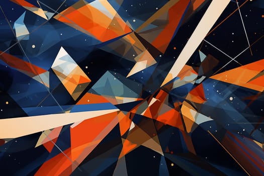 A digital art piece featuring an array of geometric shapes in vibrant colors scattered across a star-studded dark space, creating a sense of chaotic harmony.