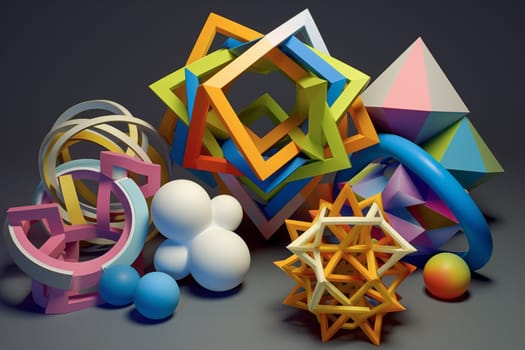 A visually engaging collection of 3D geometric shapes in vibrant colors