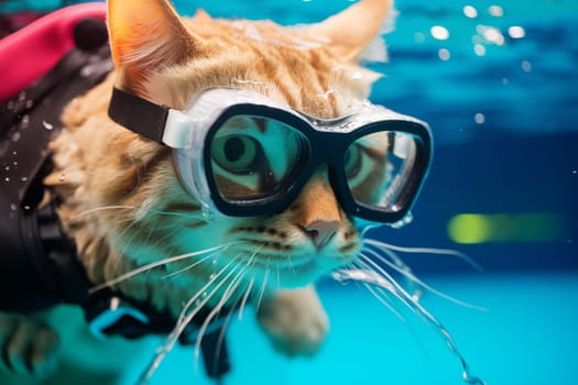 Close-up of a tabby cat wearing diving goggles, submerged in water, with bubbles around, portraying a sense of underwater exploration.