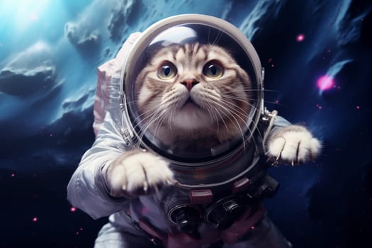 A captivating image of a cat in an astronaut suit with a detailed helmet, against a backdrop of a distant galaxy, embodying exploration and curiosity. Cosmic Feline Astronaut