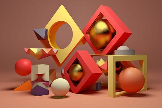 A creative arrangement of 3D geometric shapes in a variety of colors, featuring spheres, cubes, and pyramids, some with metallic textures, against a warm terracotta background.