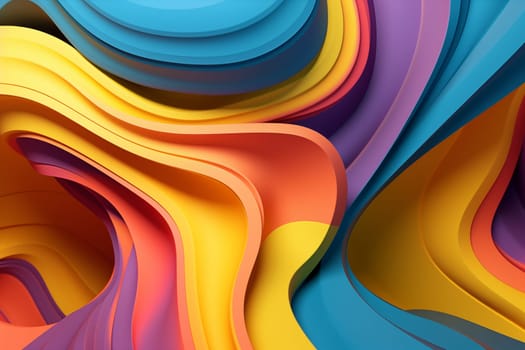 An abstract image of multicolored, wave-like folds resembling layered paper or fabric, creating a visual effect of fluid motion.