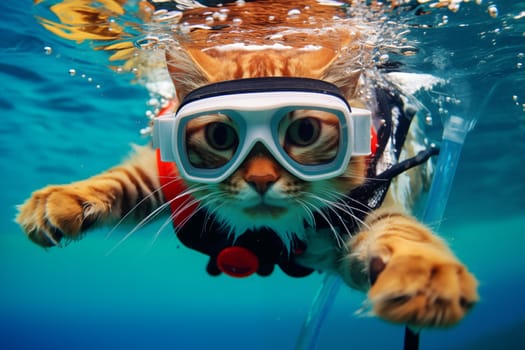 Close-up of a tabby cat wearing diving goggles, submerged in water, with bubbles around, portraying a sense of underwater exploration.