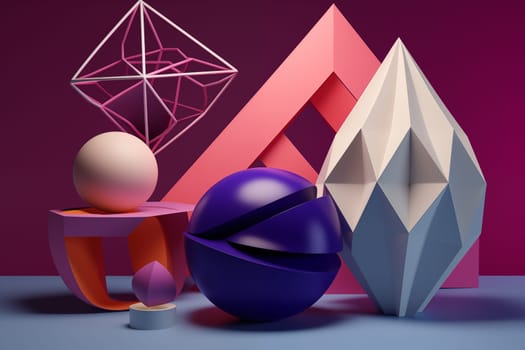 This image showcases a composition of abstract geometric shapes, featuring a contrast of sharp angles and smooth spheres, set against a dual-tone background, emphasizing a modern and artistic design.