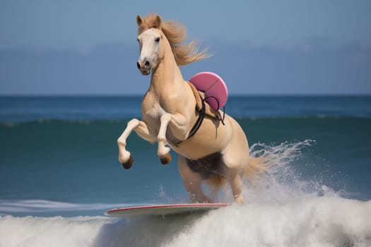 A white stallion with a flowing a dynamic surfing stunt on a pink surfboard against a clear blue sky.