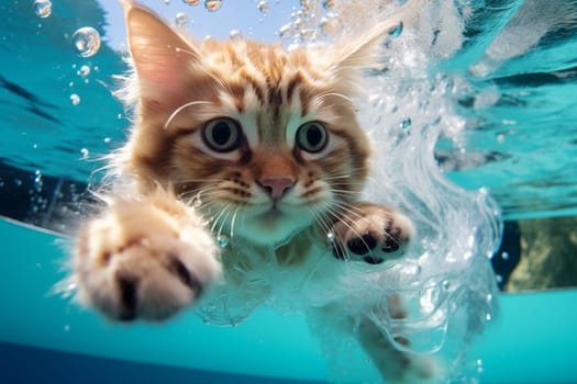 The cat swims under water. Exploration of the underwater world by a cat.