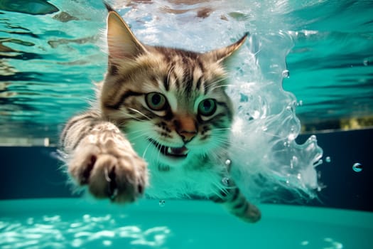 The cat swims under water. Exploration of the underwater world by a cat.