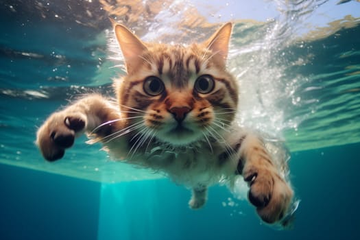 The cat swims under water. Exploration of the underwater world by a cat.