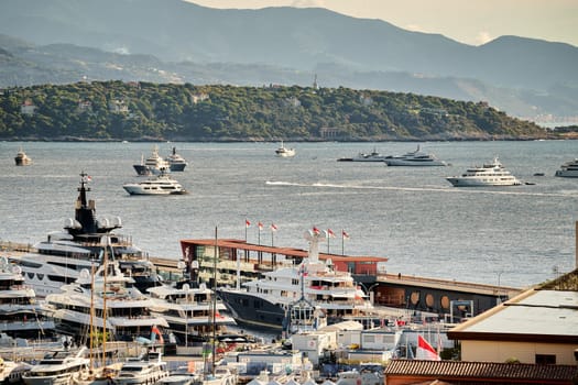 Monaco, Monte Carlo, 01 October 2022 - The famous motorboat exhibition at morning, mega yacht show, novelties of the boating industry. High quality photo