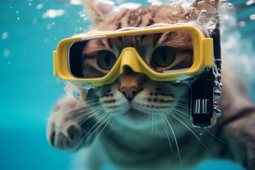 Close-up of a tabby cat wearing yellow diving goggles, submerged in water, with bubbles around, portraying a sense of underwater exploration.