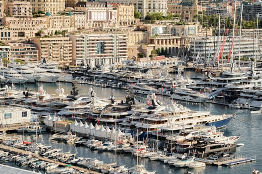 Monaco, Monte Carlo, 01 October 2022 - The famous motorboat exhibition at morning, mega yacht show, novelties of the boating industry. High quality photo