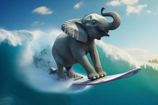 A whimsical digital artwork depicting a large elephant balancing on a surfboard, riding a wave with a bright blue sky in the background. High quality photo