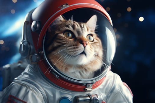 A captivating image of a cat in an astronaut suit with a detailed helmet, against a backdrop of a distant galaxy, embodying exploration and curiosity. Cosmic Feline Astronaut