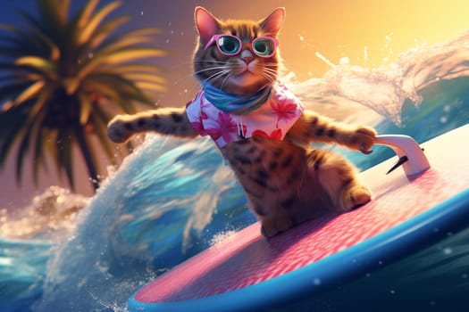 A cat in a Hawaiian shirt is surfing. Cat entertainment.