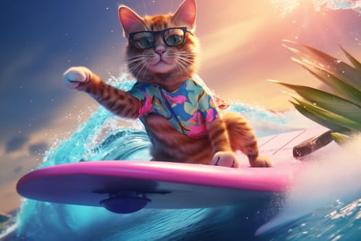 A cat in a Hawaiian shirt is surfing. Cat entertainment.