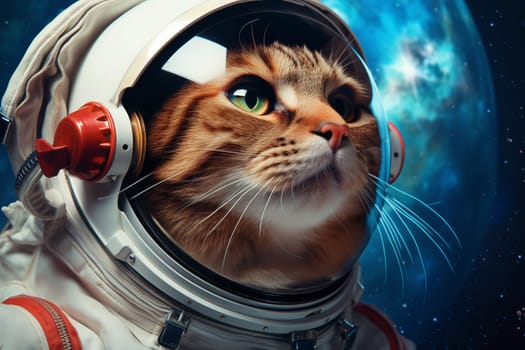 A captivating image of a cat in an astronaut suit with a detailed helmet, against a backdrop of a distant galaxy, embodying exploration and curiosity. Cosmic Feline Astronaut