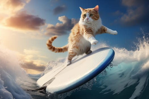 A cat conquers waves on a surfboard. Cat entertainment.